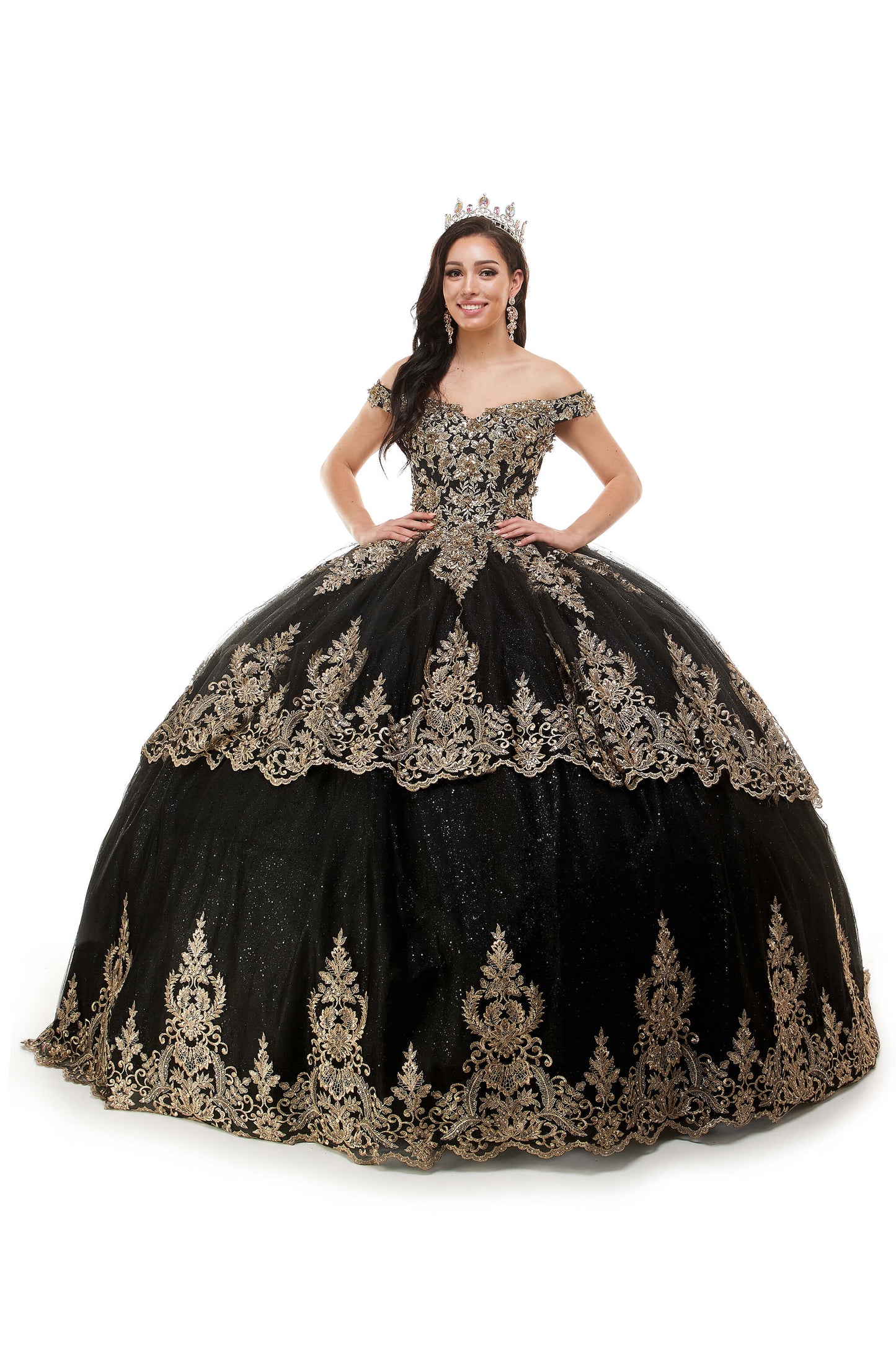 72022-X quinceanera dress with train and gold embroidery