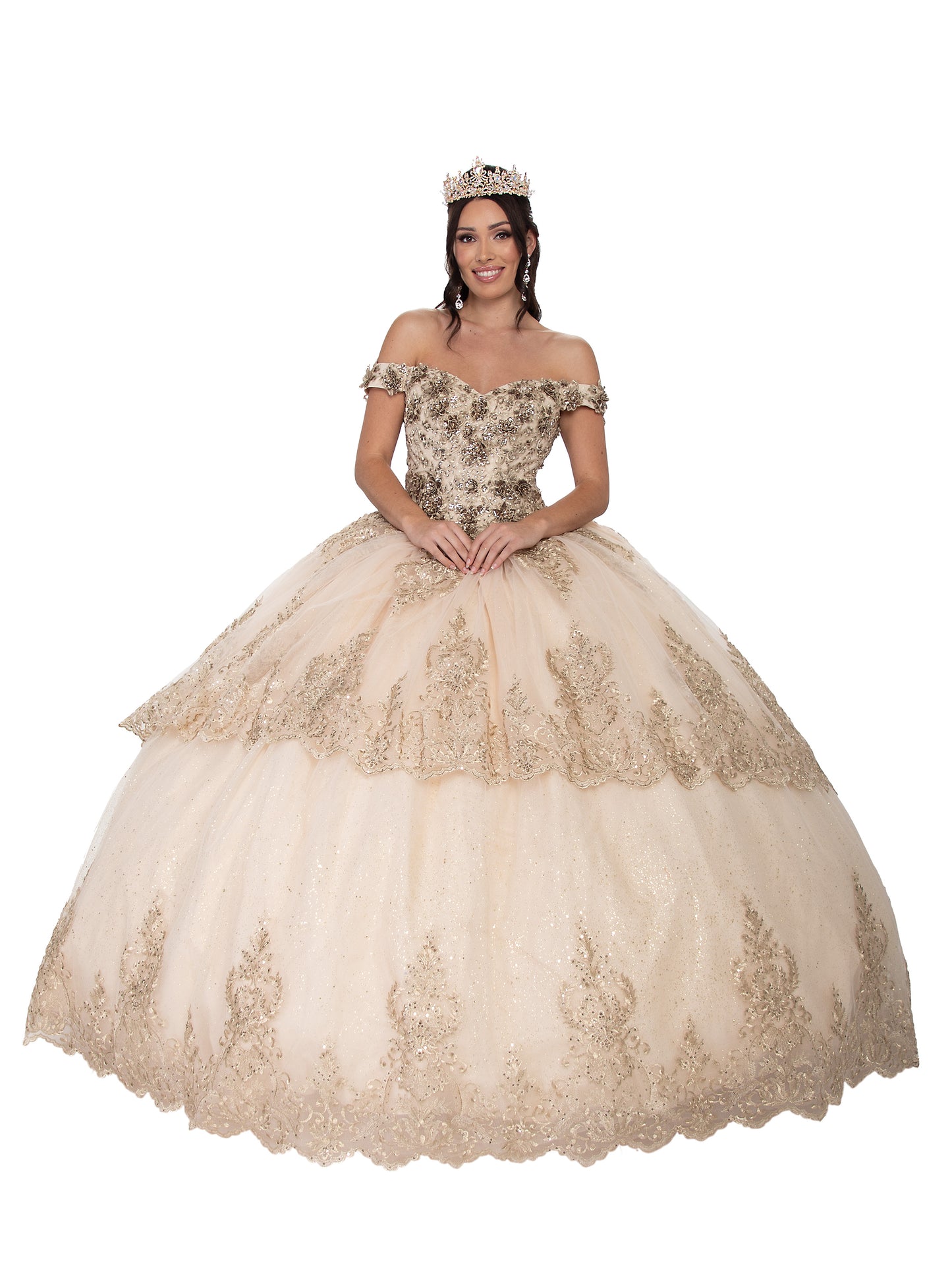 72022-X quinceanera dress with train and gold embroidery