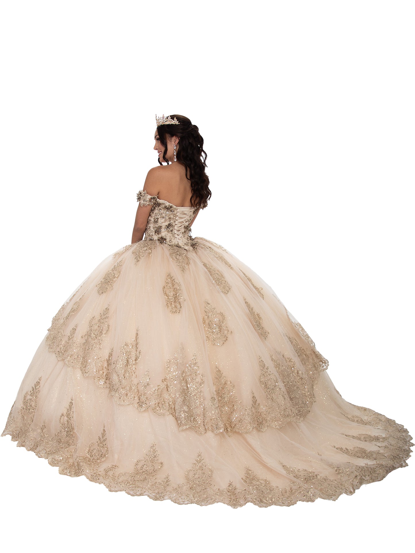72022-X quinceanera dress with train and gold embroidery