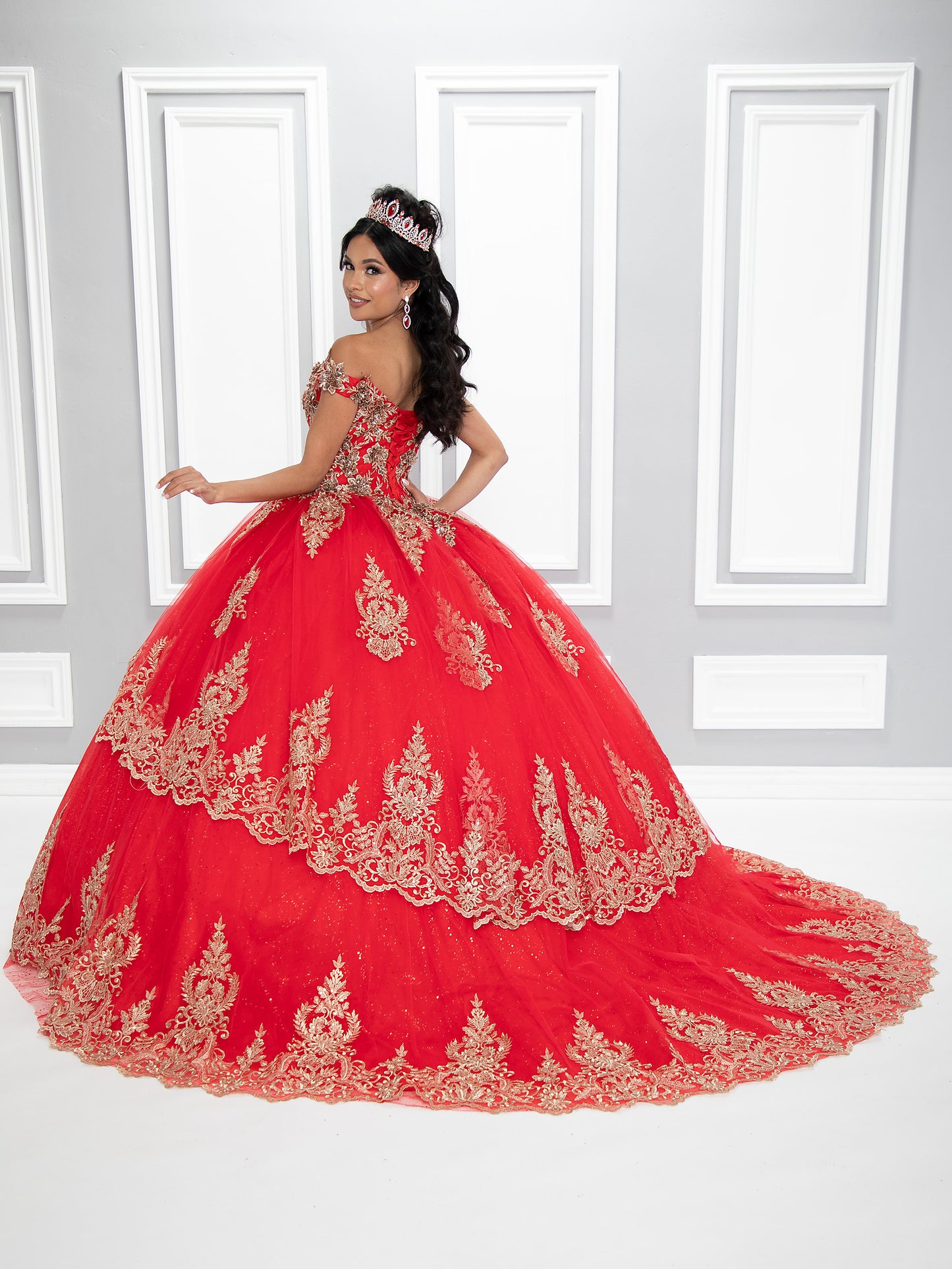 72022-X quinceanera dress with train and gold embroidery