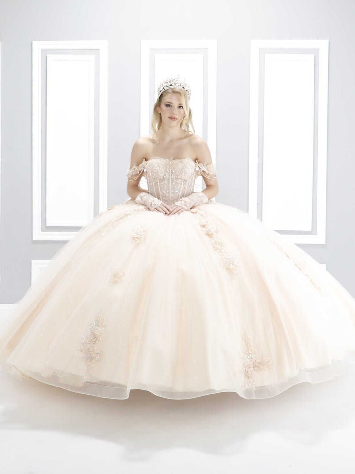 90090X Luxury Quinceañera Dress with Crystal Dangle Sleeves, Sheer Corset, Detachable Bow & Matching Gloves – Royal Princess XV Ball Gown