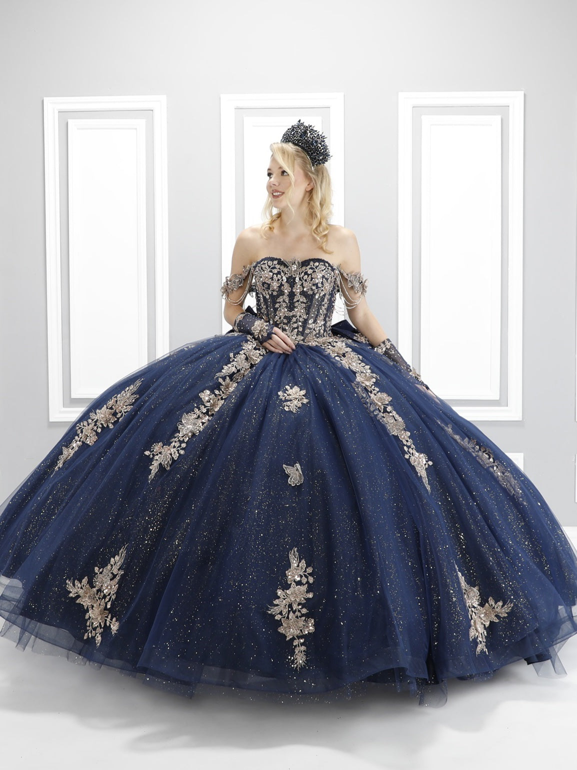 90090X Luxury Quinceañera Dress with Crystal Dangle Sleeves, Sheer Corset, Detachable Bow & Matching Gloves – Royal Princess XV Ball Gown