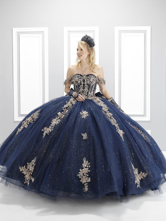 90090X Luxury Quinceañera Dress with Crystal Dangle Sleeves, Sheer Corset, Detachable Bow & Matching Gloves – Royal Princess XV Ball Gown