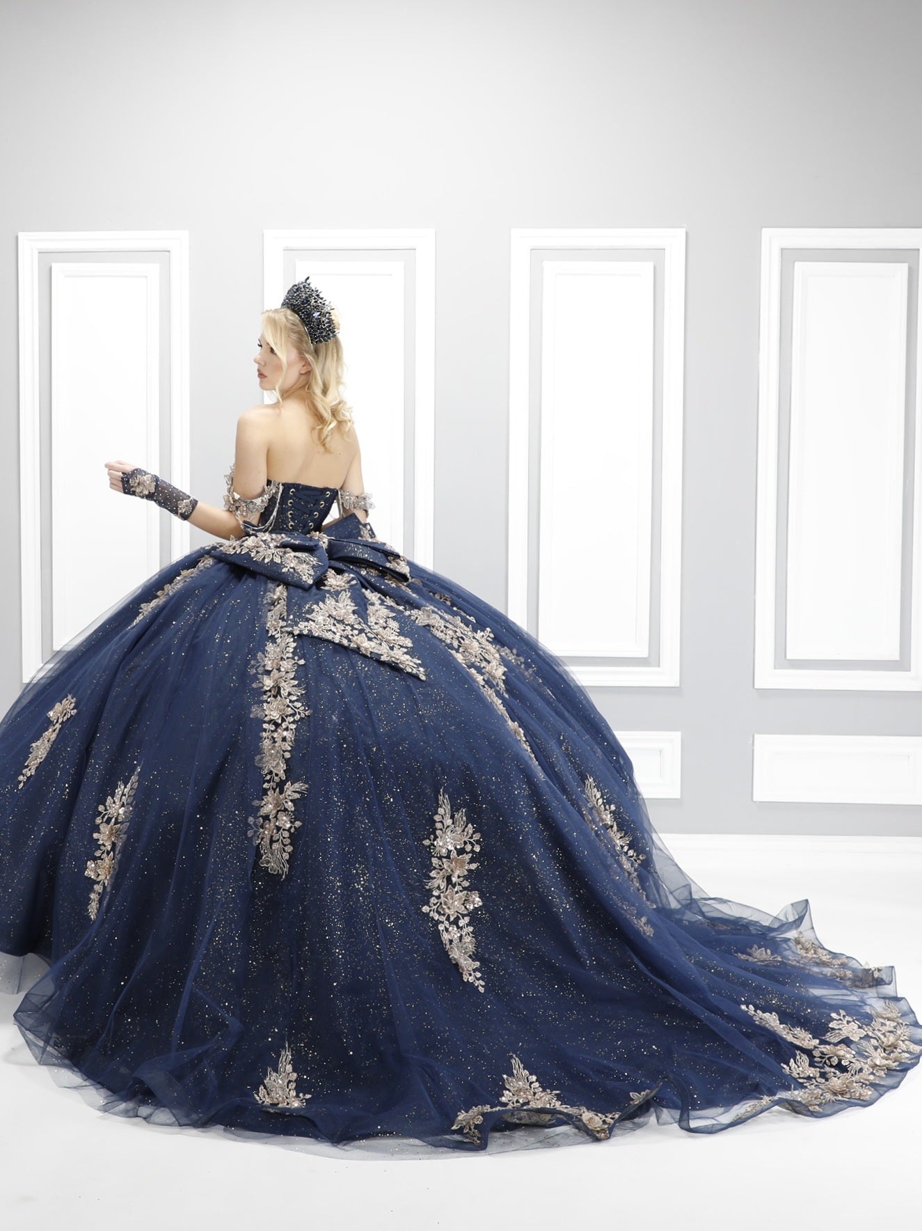 90090X Luxury Quinceañera Dress with Crystal Dangle Sleeves, Sheer Corset, Detachable Bow & Matching Gloves – Royal Princess XV Ball Gown