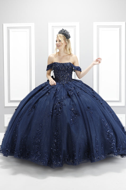 72592X – Navy Blue Off-Shoulder Quinceañera Dress with See-Through Corset, Full Ball Gown Skirt & Detachable Bow