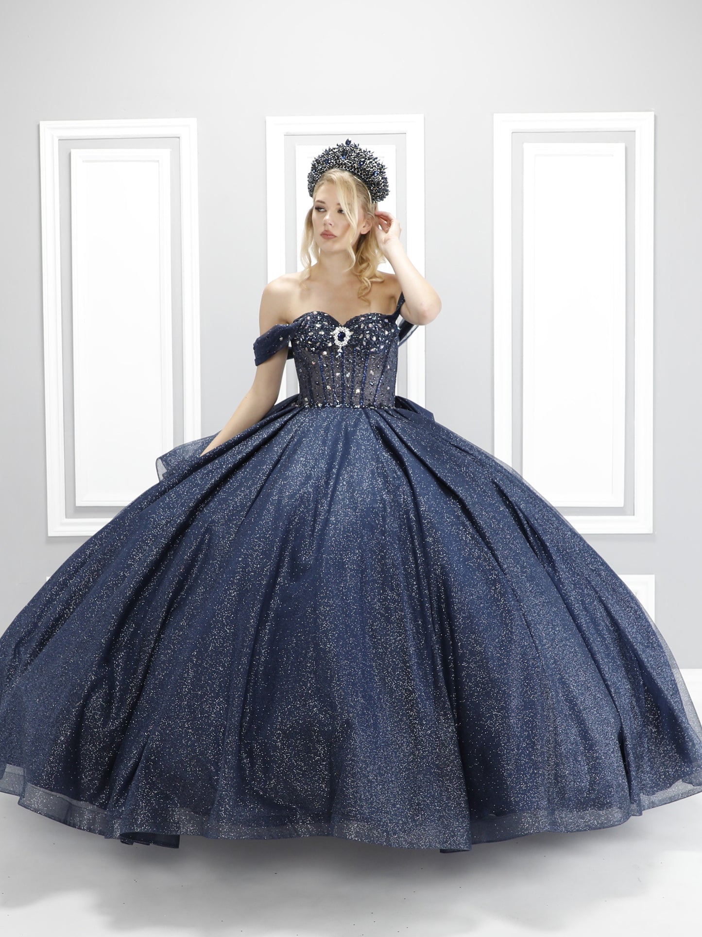 Luxury Navy Blue Glitter Quinceañera Dress 91125X– Off Shoulder Royal Ball Gown with Crystal Corset & Full Sparkle Skirt XV Dress