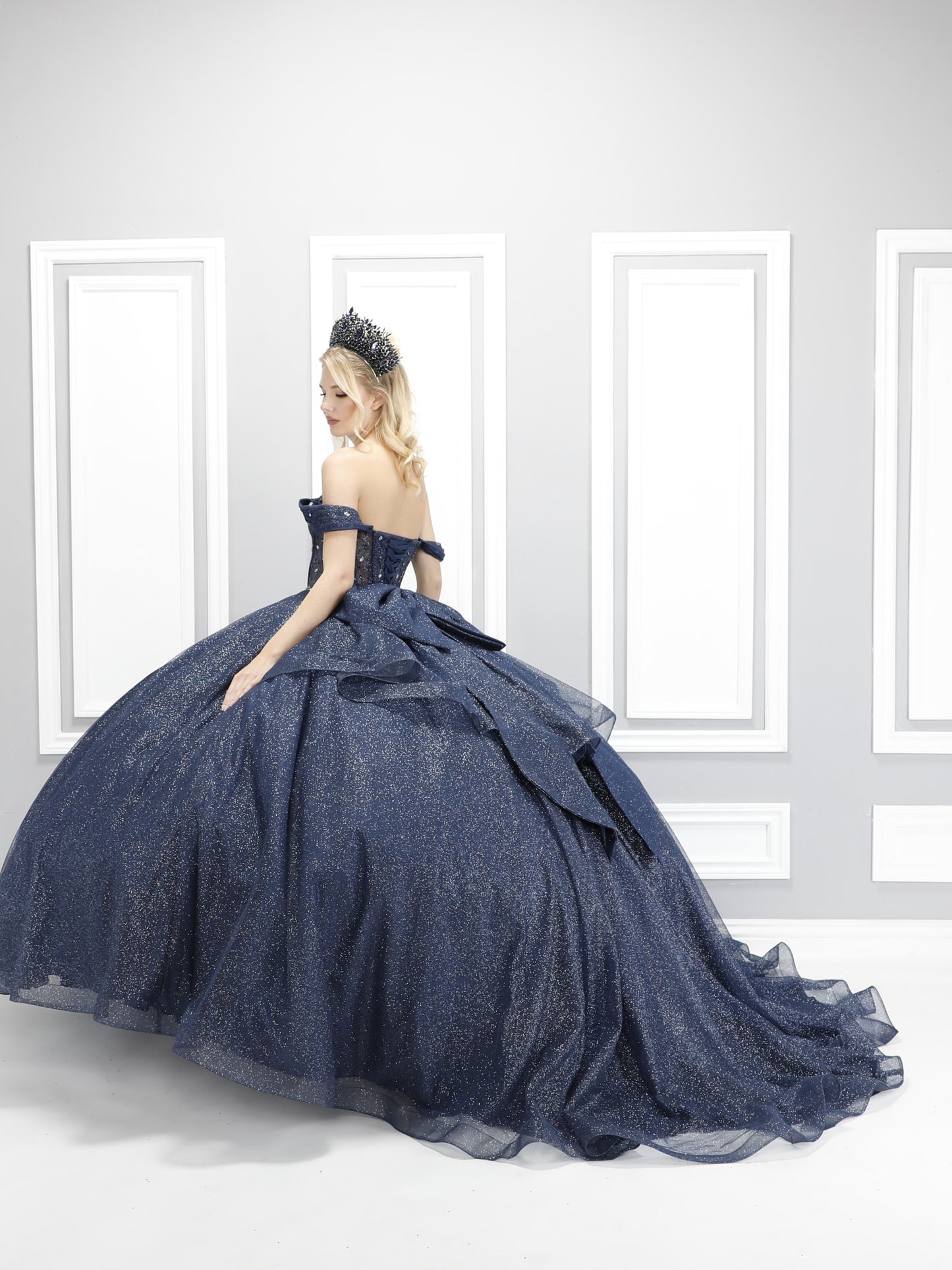 Luxury Navy Blue Glitter Quinceañera Dress 91125X– Off Shoulder Royal Ball Gown with Crystal Corset & Full Sparkle Skirt XV Dress