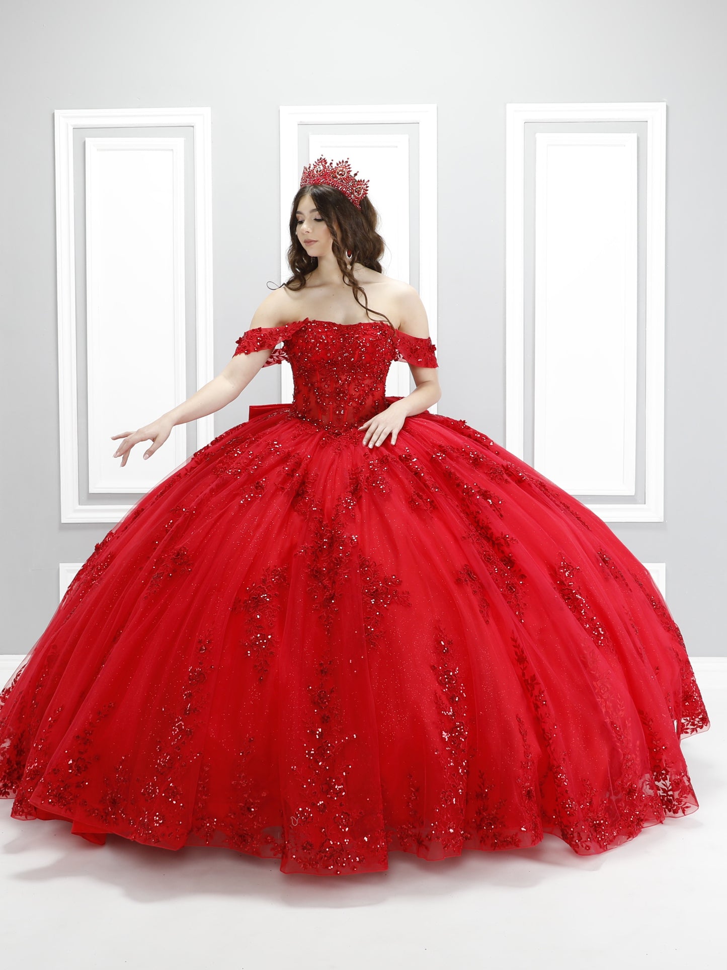 72592X – Navy Blue Off-Shoulder Quinceañera Dress with See-Through Corset, Full Ball Gown Skirt & Detachable Bow