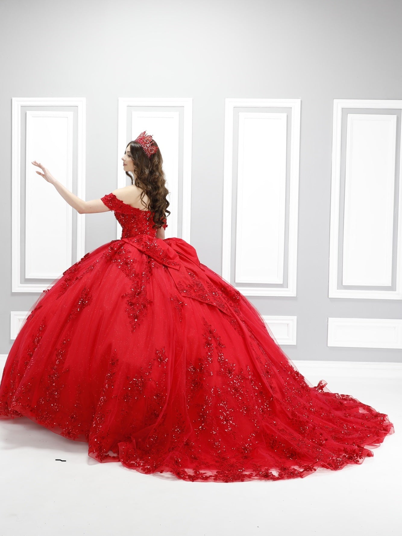 72592X – Navy Blue Off-Shoulder Quinceañera Dress with See-Through Corset, Full Ball Gown Skirt & Detachable Bow