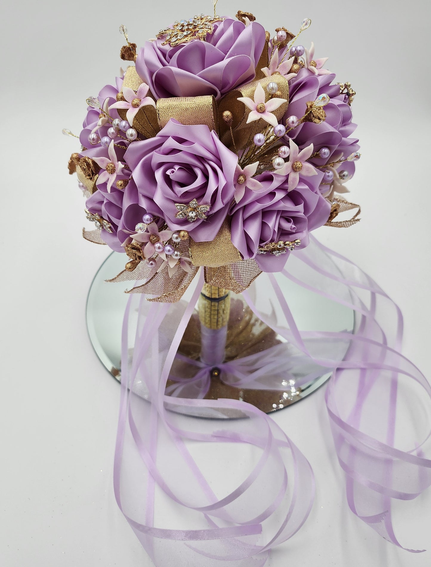 Lilac/Gold Artesanal Satin Rose Bouquet
