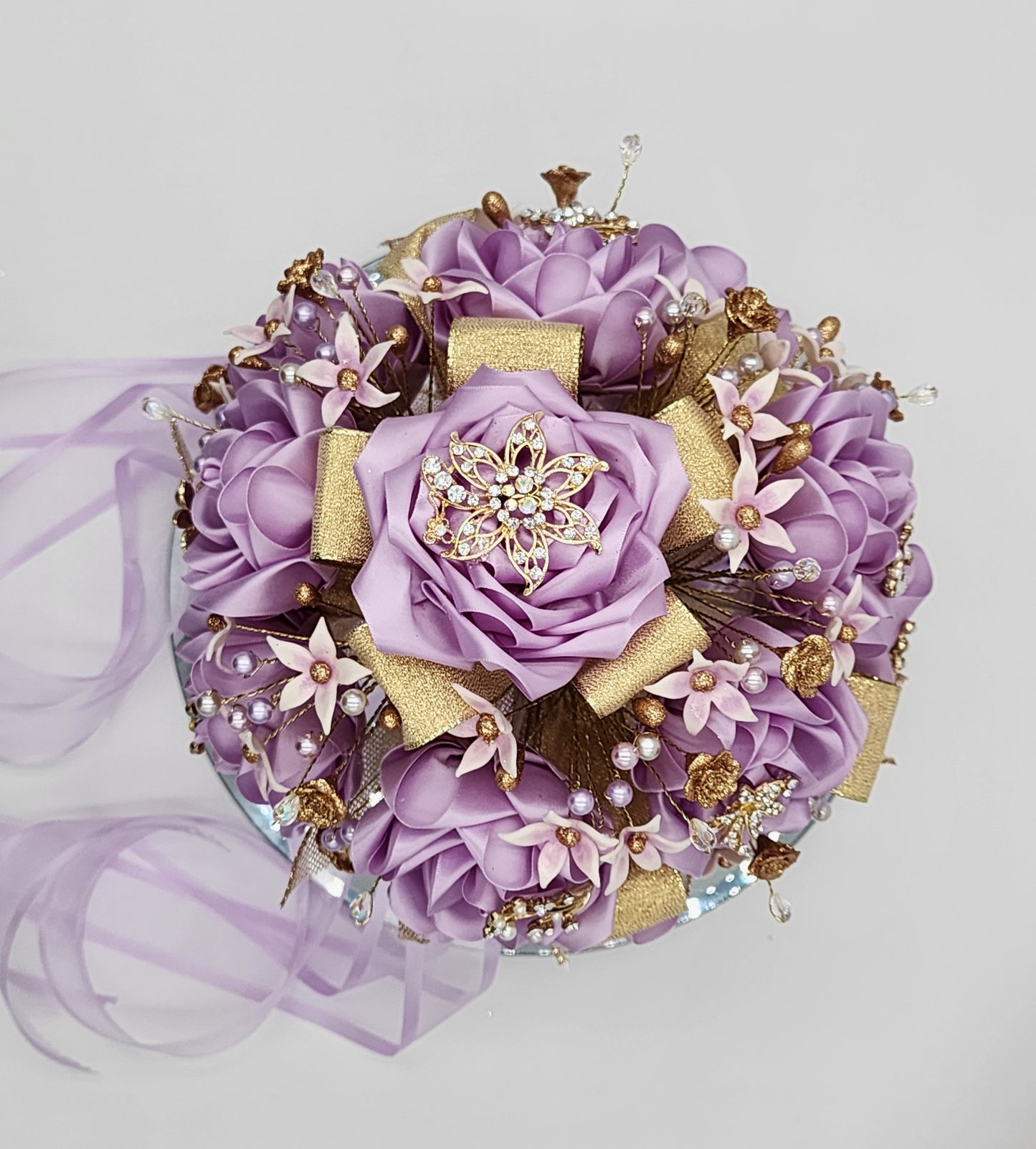 Lilac/Gold Artesanal Satin Rose Bouquet