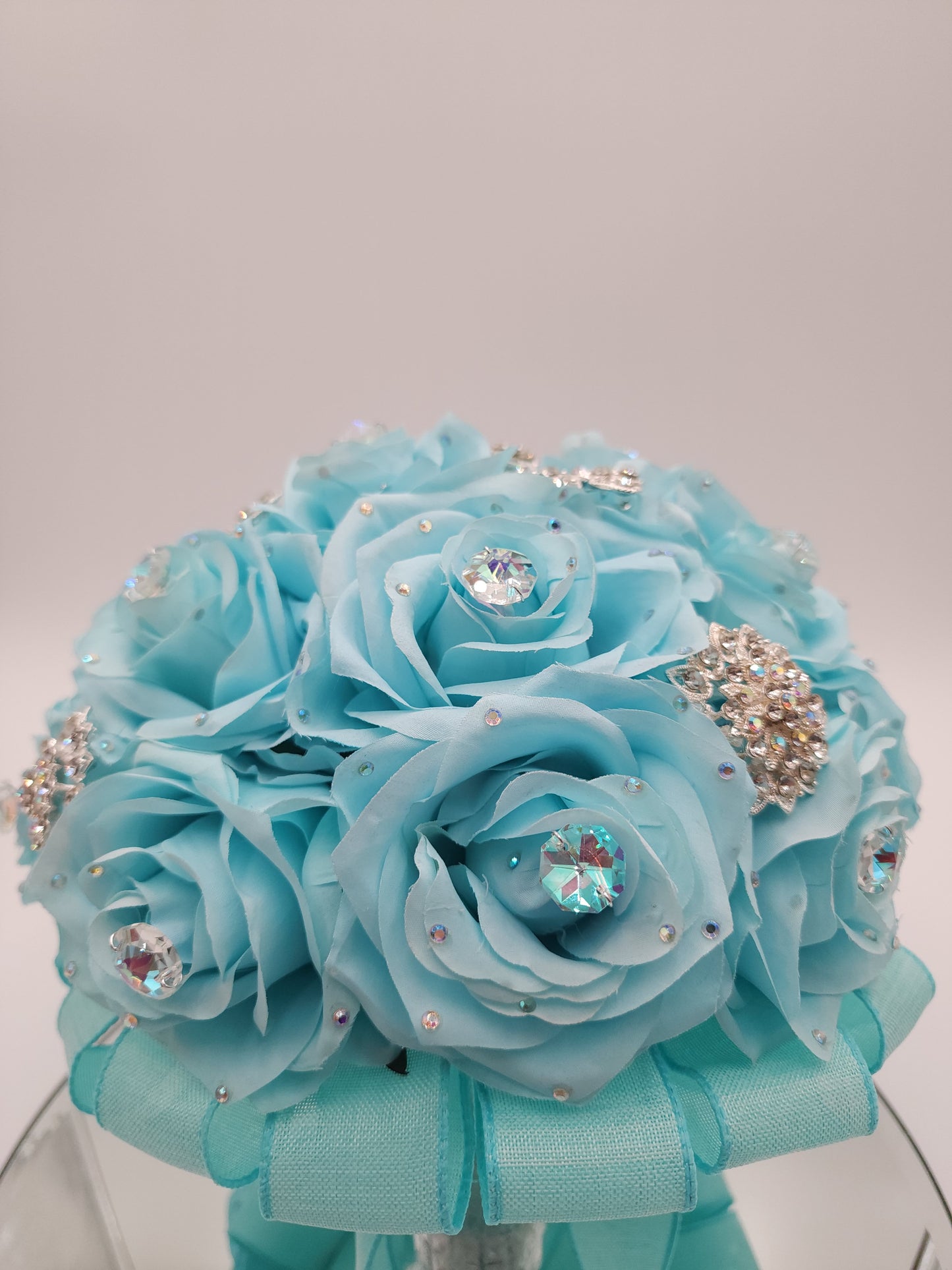 Luxury Tiffany Blue, aqua Rose Bouquet with Crystal Rhinestones | Bridal, Quinceañera & Wedding Keepsake