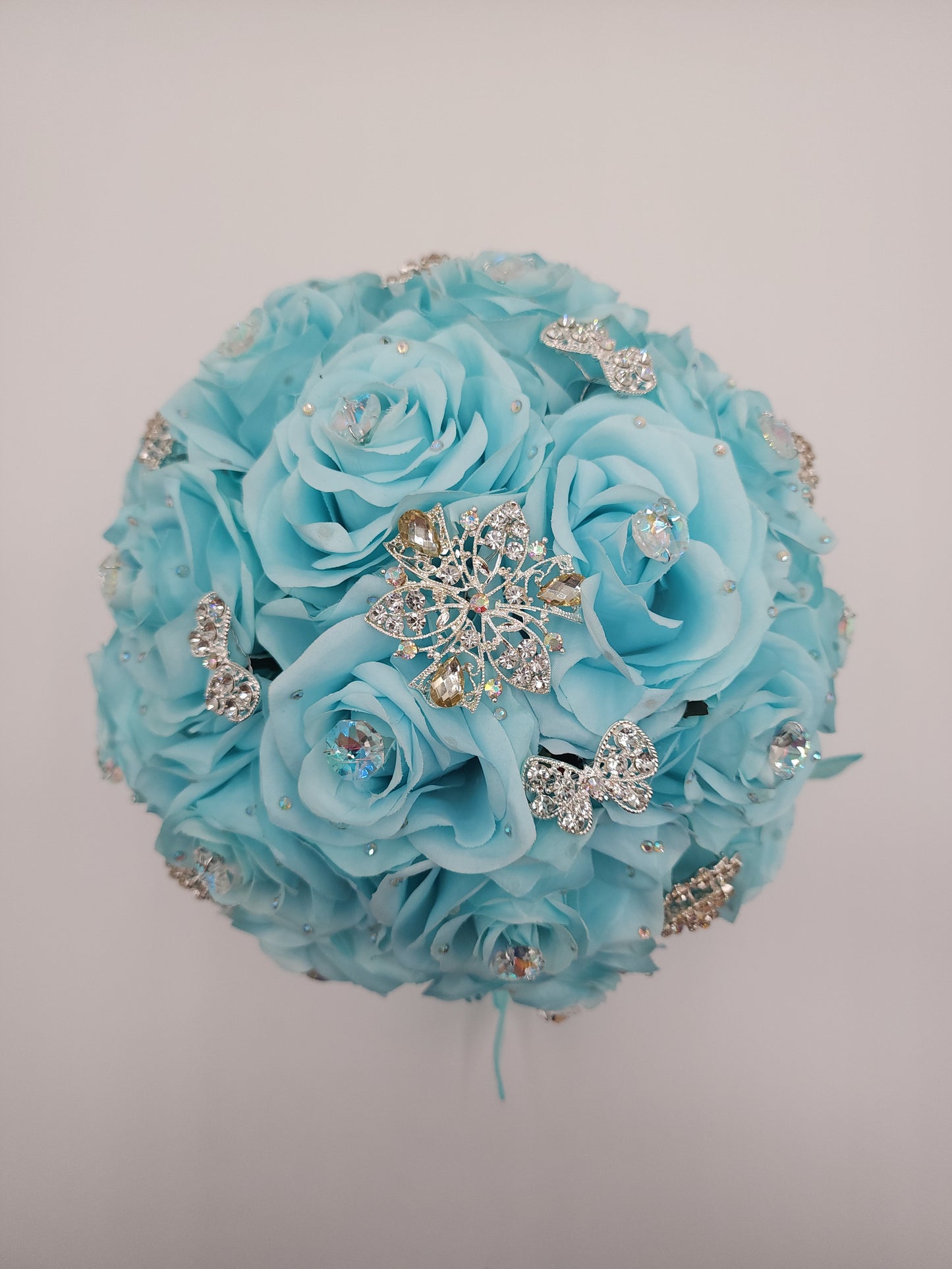 Luxury Tiffany Blue, aqua Rose Bouquet with Crystal Rhinestones | Bridal, Quinceañera & Wedding Keepsake