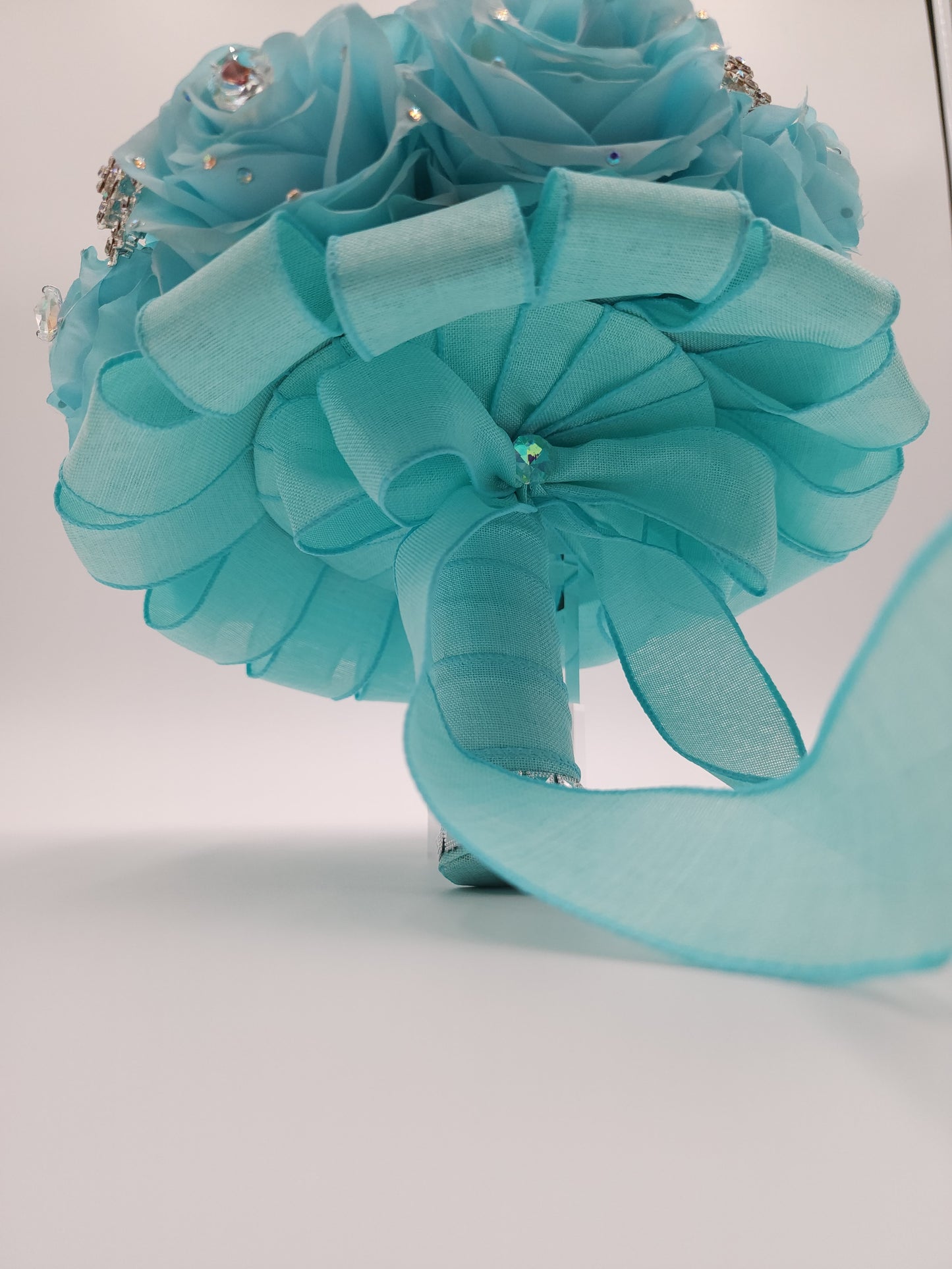 Luxury Tiffany Blue, aqua Rose Bouquet with Crystal Rhinestones | Bridal, Quinceañera & Wedding Keepsake