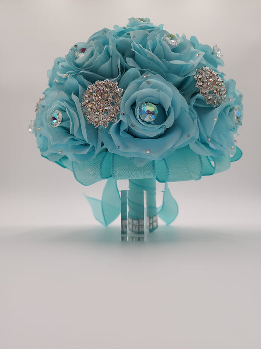 Luxury Tiffany Blue, aqua Rose Bouquet with Crystal Rhinestones | Bridal, Quinceañera & Wedding Keepsake