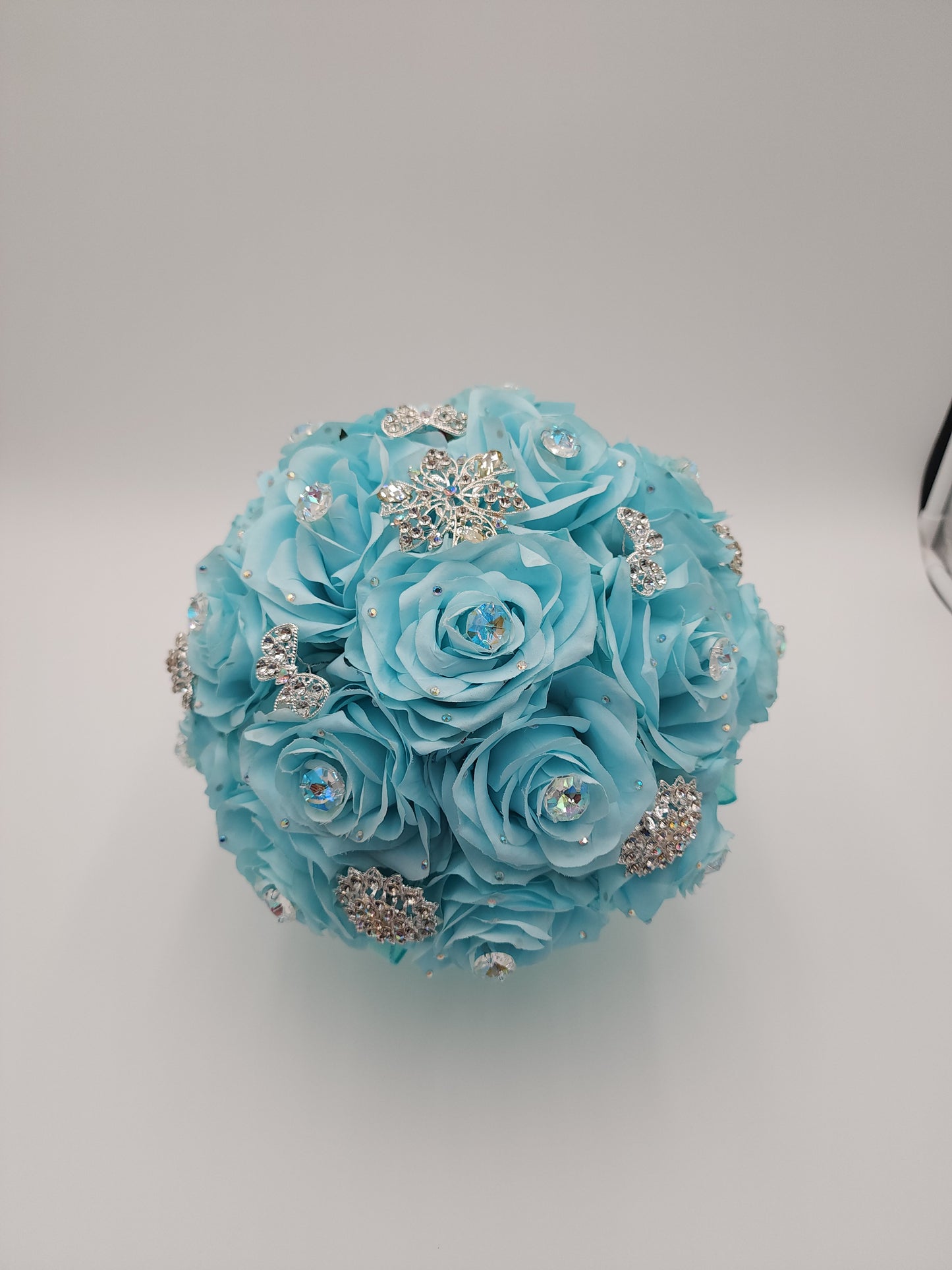 Luxury Tiffany Blue, aqua Rose Bouquet with Crystal Rhinestones | Bridal, Quinceañera & Wedding Keepsake