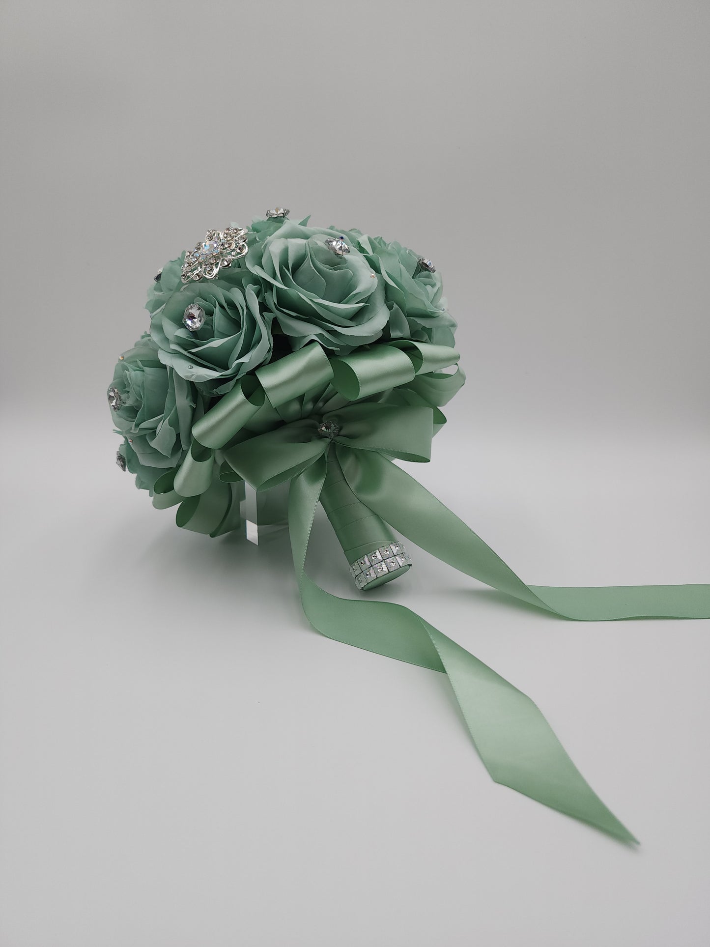 Sage Green Rose Bridal Bouquet – Handmade Crystal Wedding Bouquet with Satin Ribbon | Bride, Bridesmaids, Quinceañera & Prom Flowers