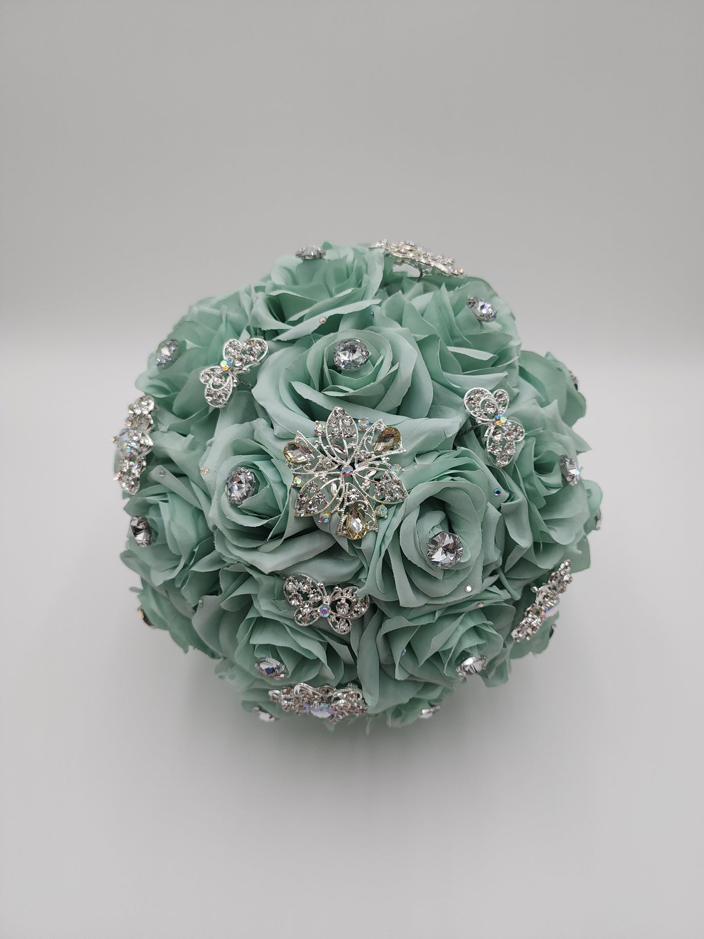 Sage Green Rose Bridal Bouquet – Handmade Crystal Wedding Bouquet with Satin Ribbon | Bride, Bridesmaids, Quinceañera & Prom Flowers