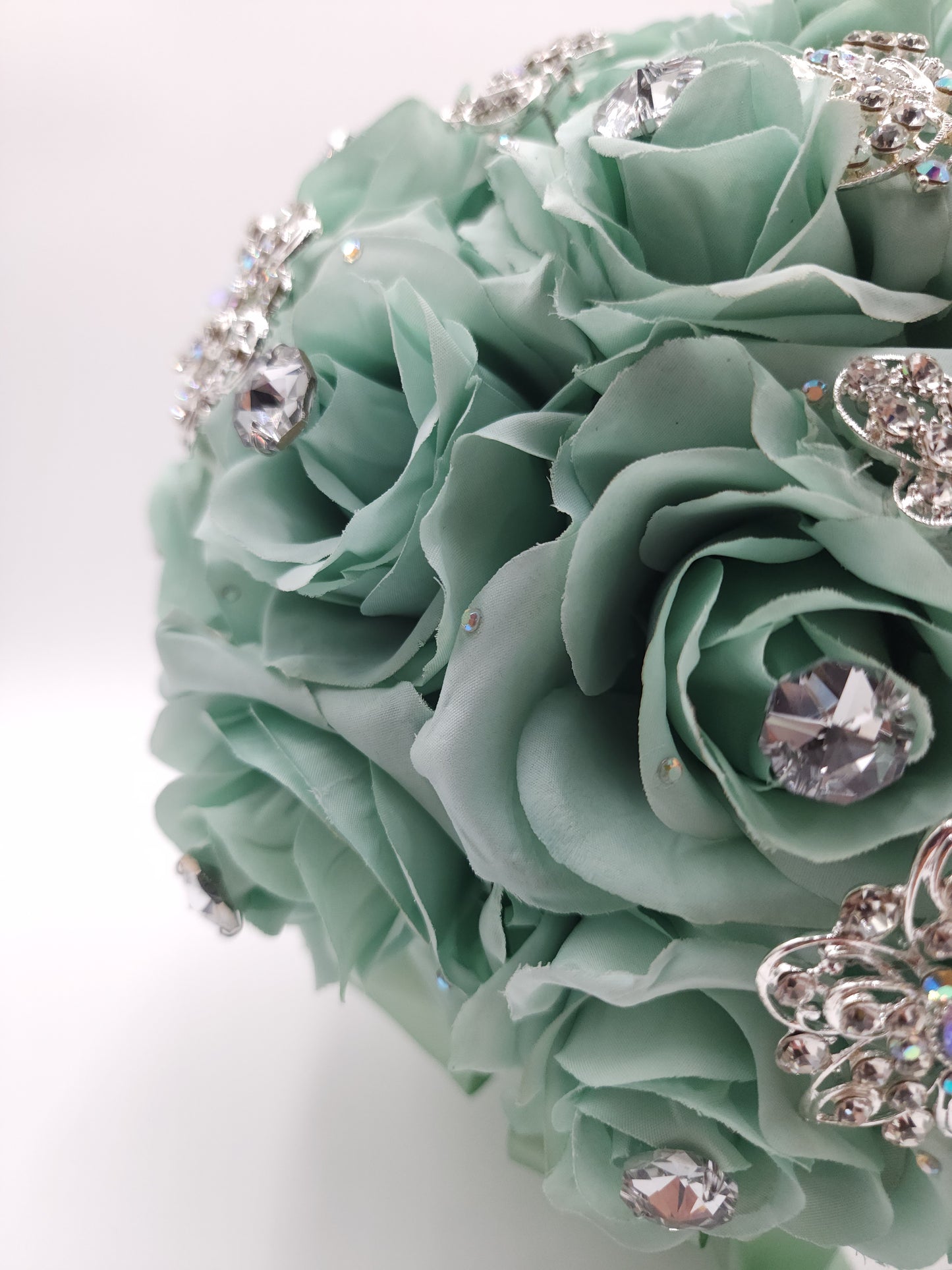 Sage Green Rose Bridal Bouquet – Handmade Crystal Wedding Bouquet with Satin Ribbon | Bride, Bridesmaids, Quinceañera & Prom Flowers