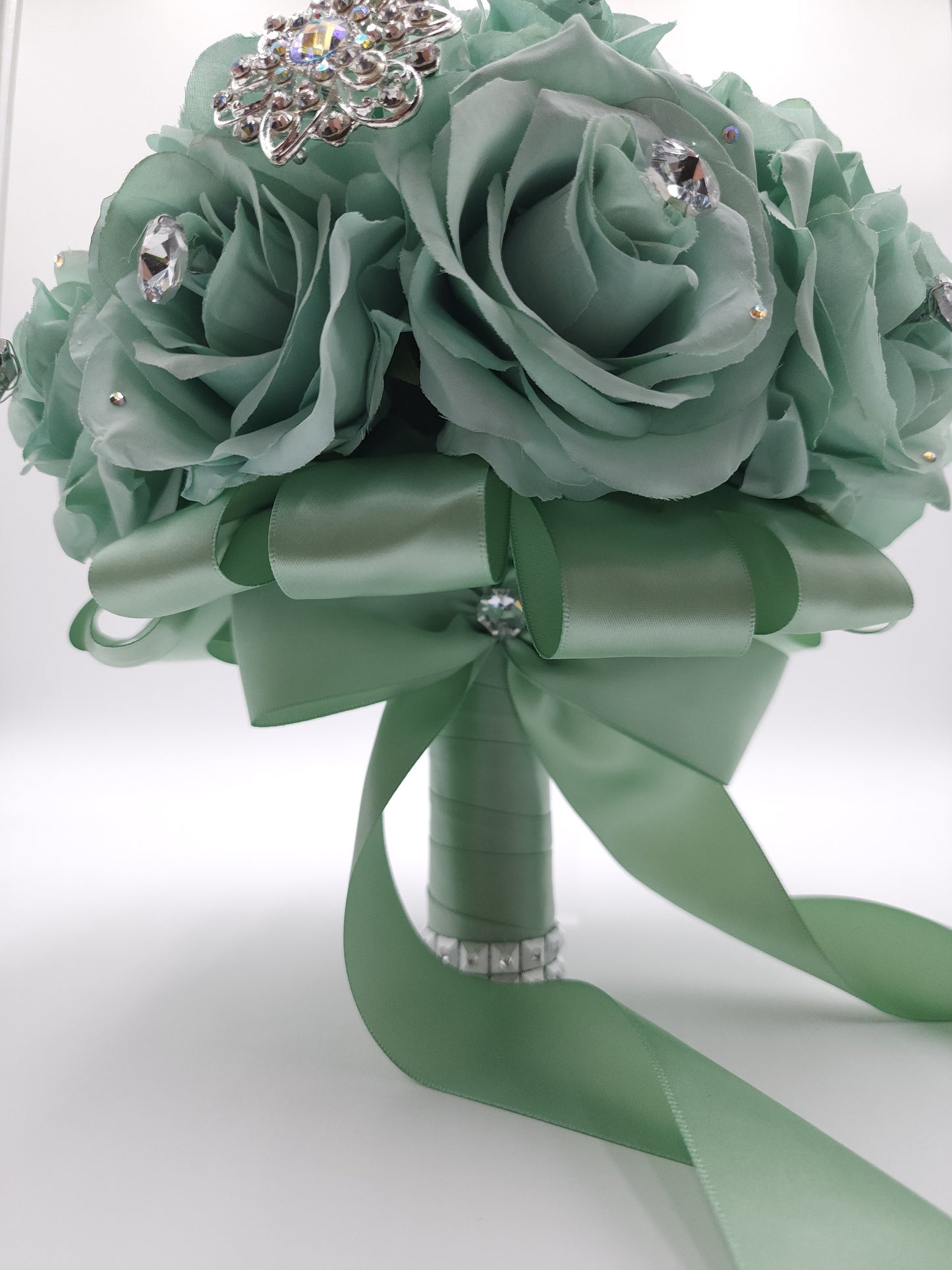 Sage Green Rose Bridal Bouquet – Handmade Crystal Wedding Bouquet with Satin Ribbon | Bride, Bridesmaids, Quinceañera & Prom Flowers