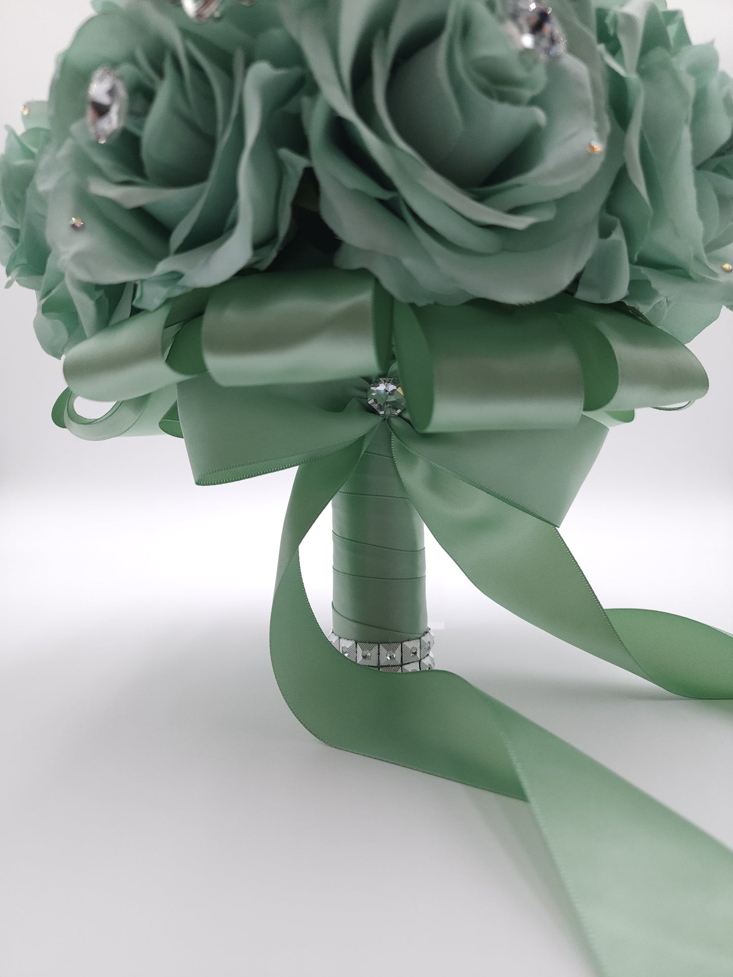 Sage Green Rose Bridal Bouquet – Handmade Crystal Wedding Bouquet with Satin Ribbon | Bride, Bridesmaids, Quinceañera & Prom Flowers
