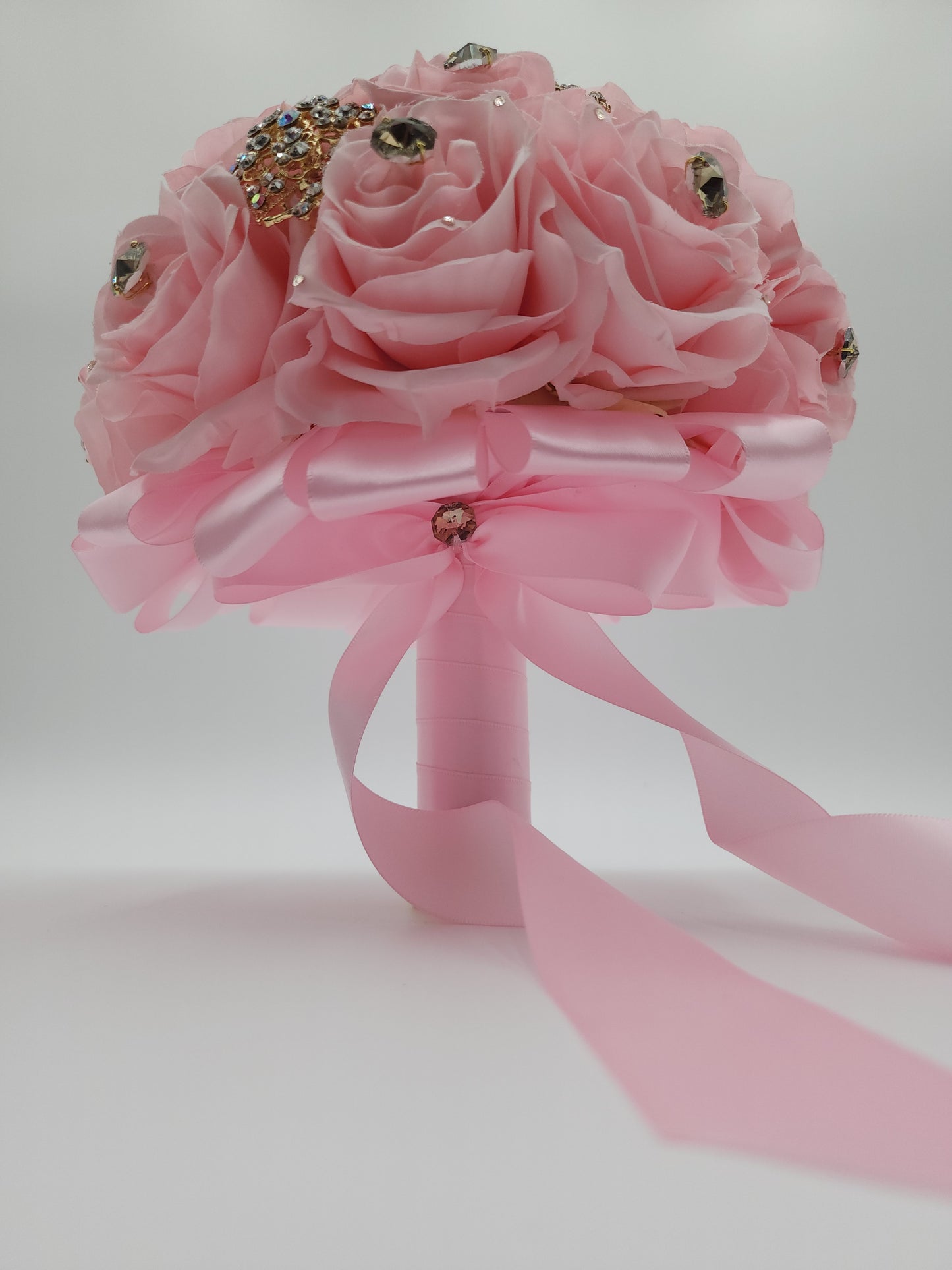 Luxury Blush Pink Rose Bridal Bouquet | Crystal Wedding & Quinceañera Flowers