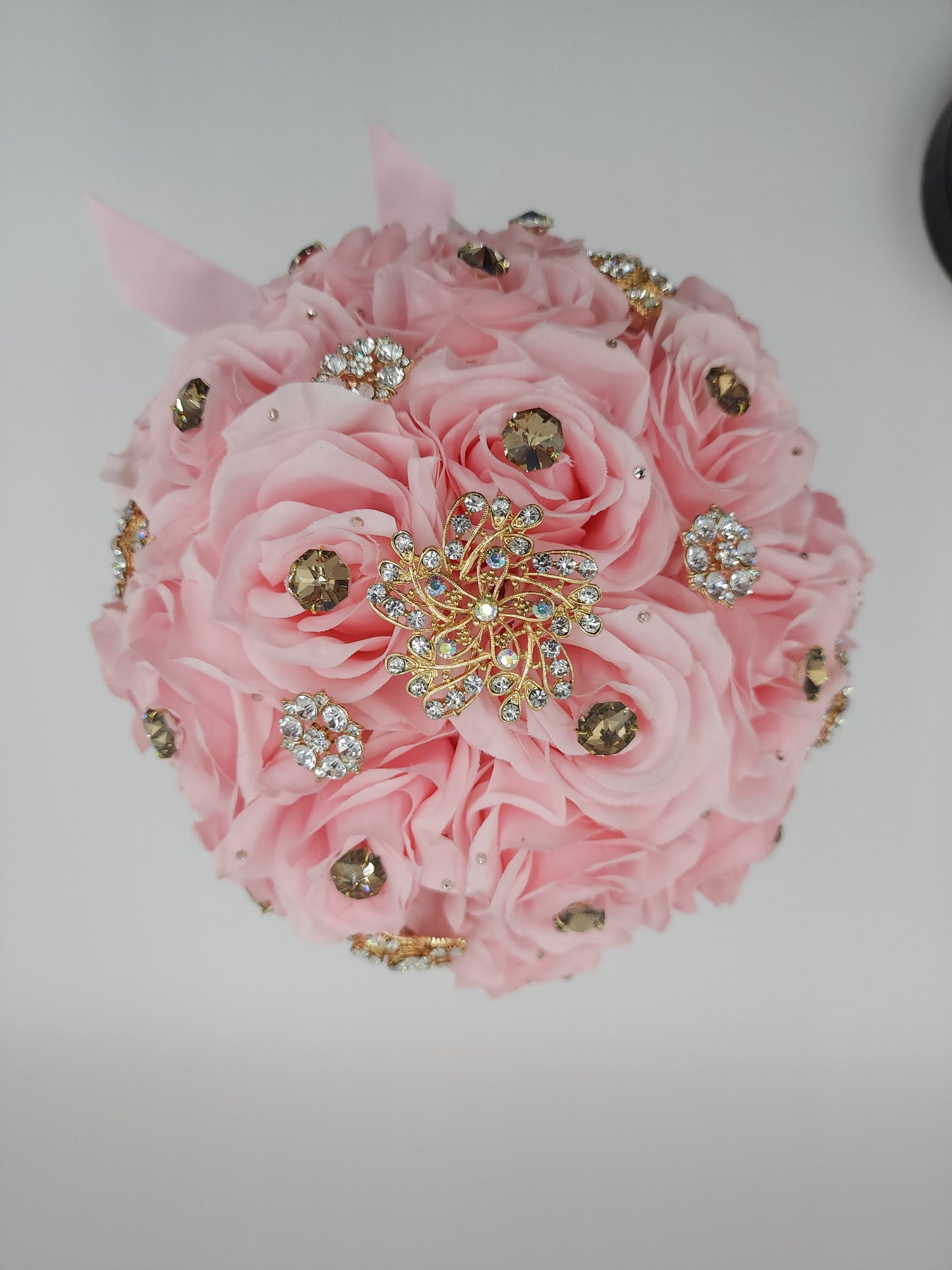 Luxury Blush Pink Rose Bridal Bouquet | Crystal Wedding & Quinceañera Flowers