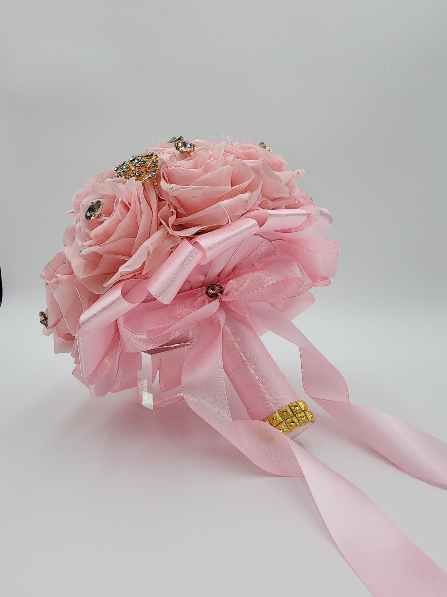 Luxury Blush Pink Rose Bridal Bouquet | Crystal Wedding & Quinceañera Flowers