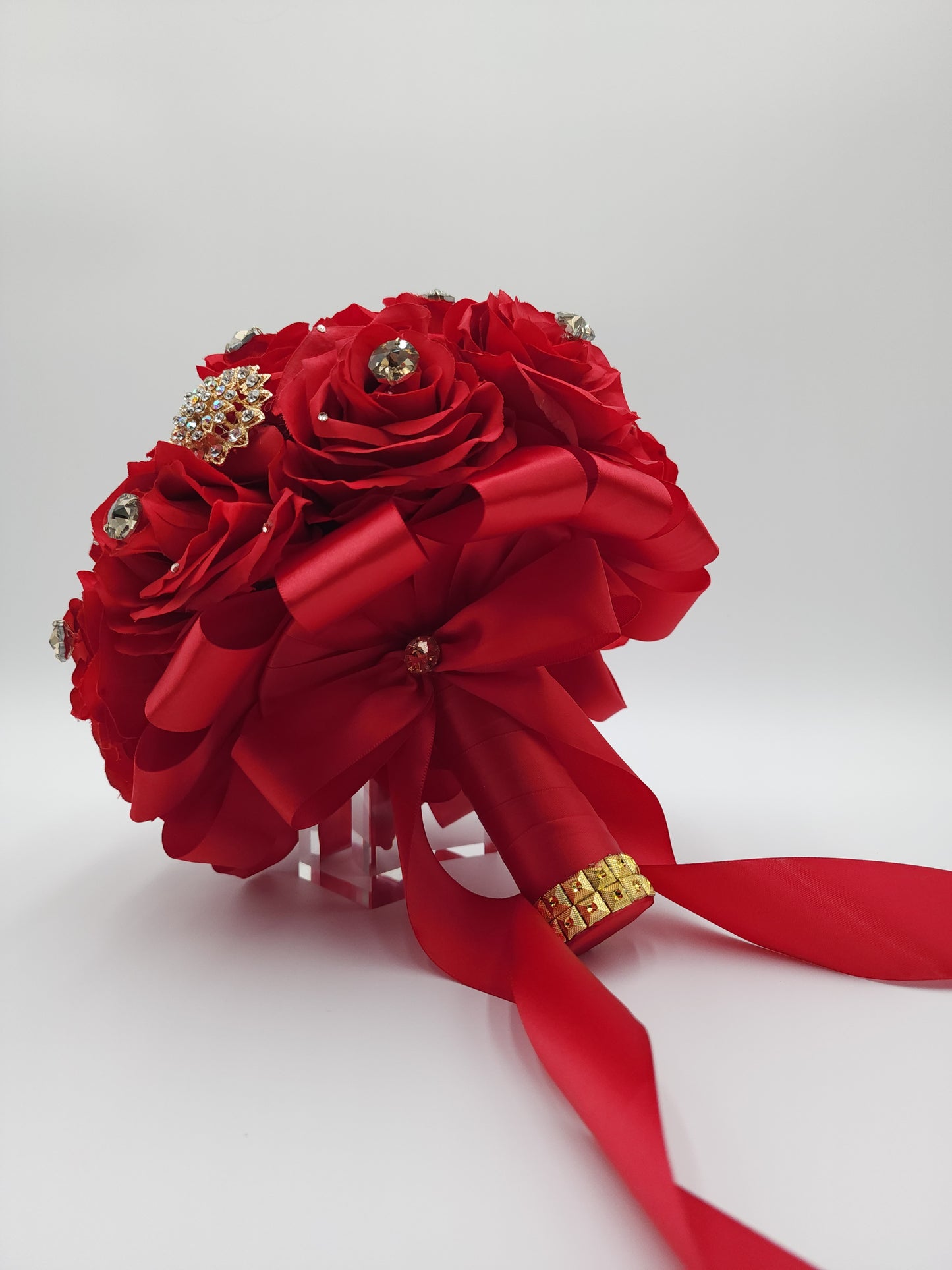 Luxury Red Rose Bridal Bouquet | Crystal Wedding & Quinceañera Flowers