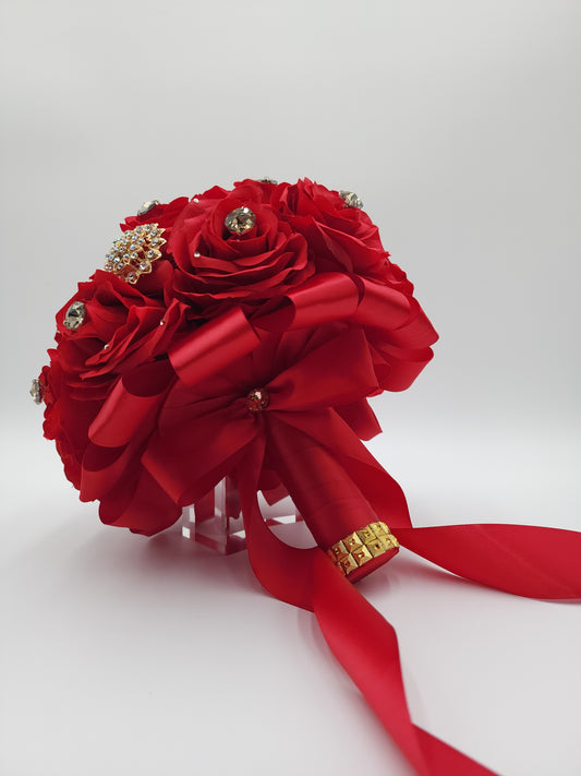 Luxury Red Rose Bridal Bouquet | Crystal Wedding & Quinceañera Flowers