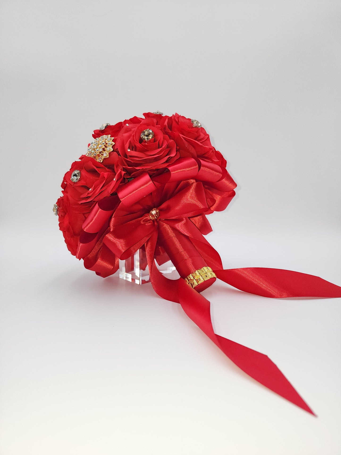 Luxury Red Rose Bridal Bouquet | Crystal Wedding & Quinceañera Flowers
