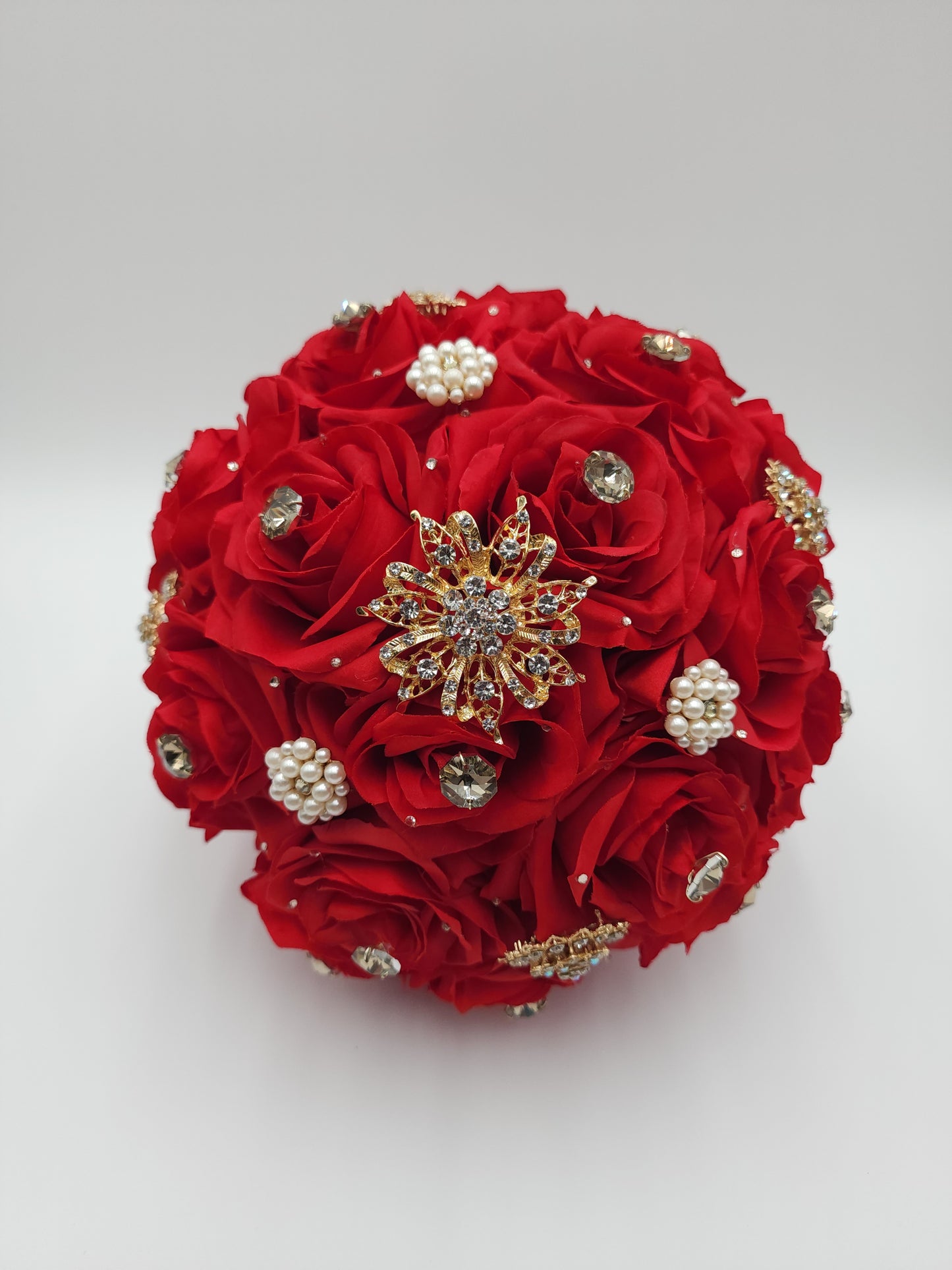 Luxury Red Rose Bridal Bouquet | Crystal Wedding & Quinceañera Flowers