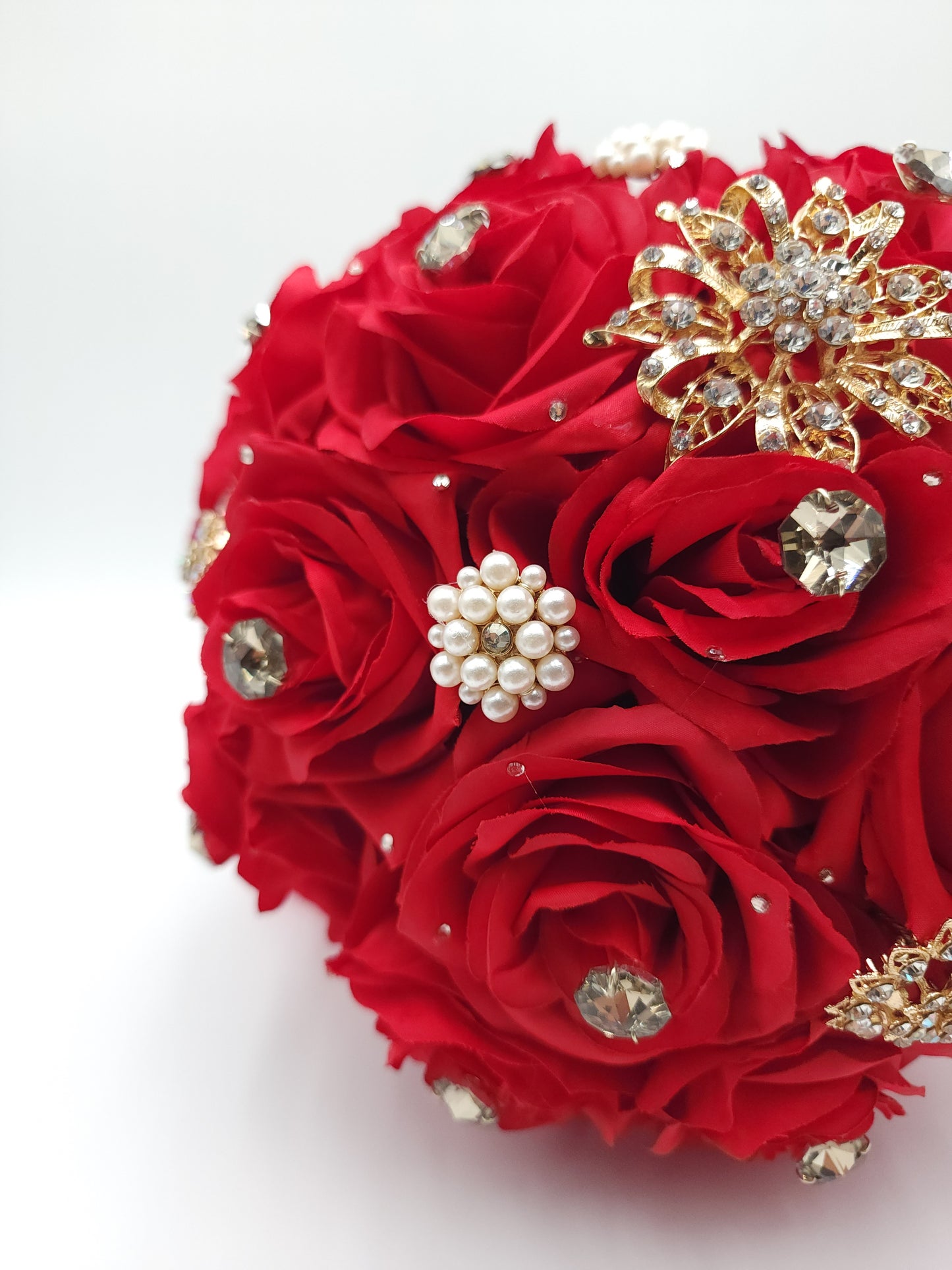 Luxury Red Rose Bridal Bouquet | Crystal Wedding & Quinceañera Flowers