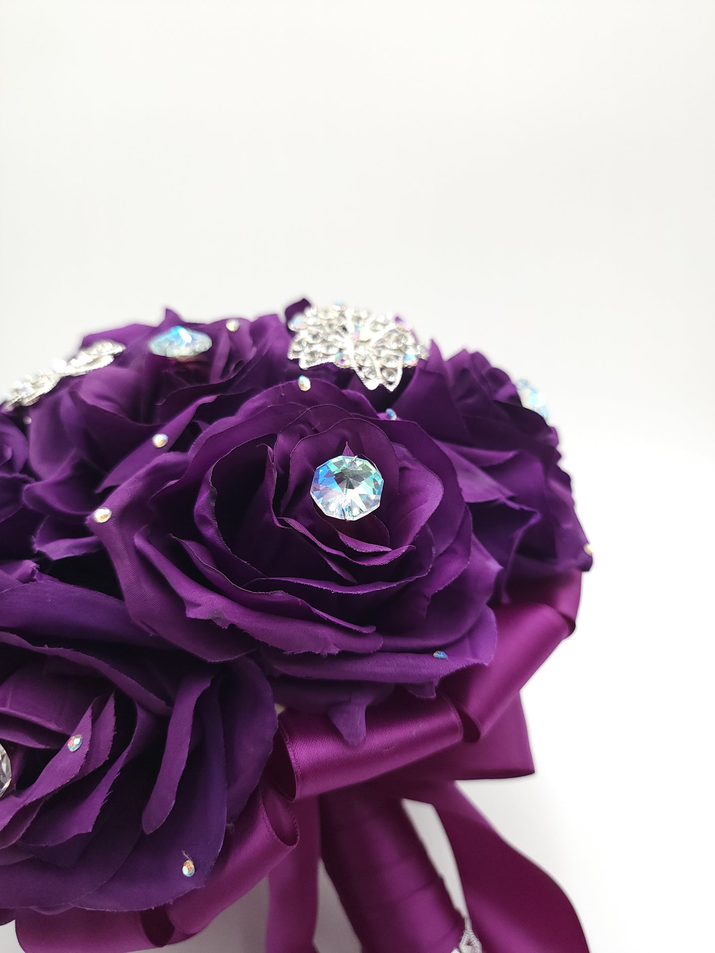 Luxury Purple Rose Bouquet – Crystal Rhinestone Bouquet with Satin Ribbon | Quinceañera, Prom & Elegant Wedding Flowers