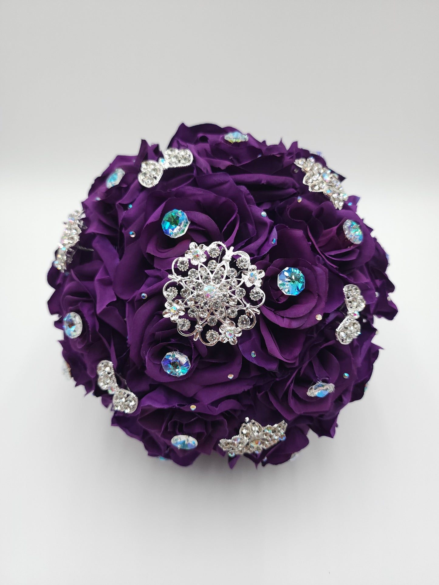 Luxury Purple Rose Bouquet – Crystal Rhinestone Bouquet with Satin Ribbon | Quinceañera, Prom & Elegant Wedding Flowers