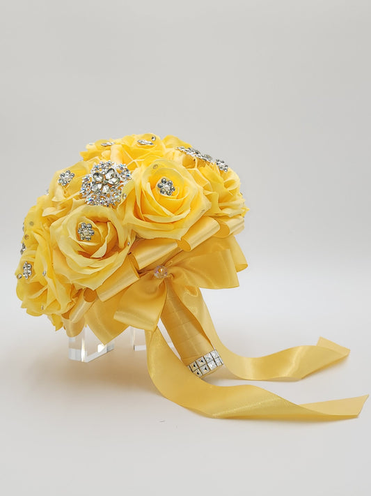 Luxury Yellow Rose Quinceañera Bouquet | Handmade Rhinestone Bridal Bouquet