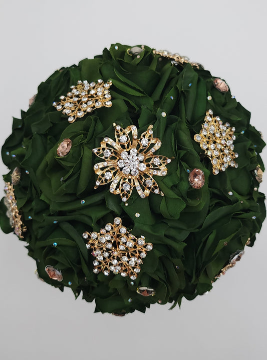 Luxury Hunter Green Rose Quinceañera Bouquet| Handmade  Flower Bouquet with Rhinestones