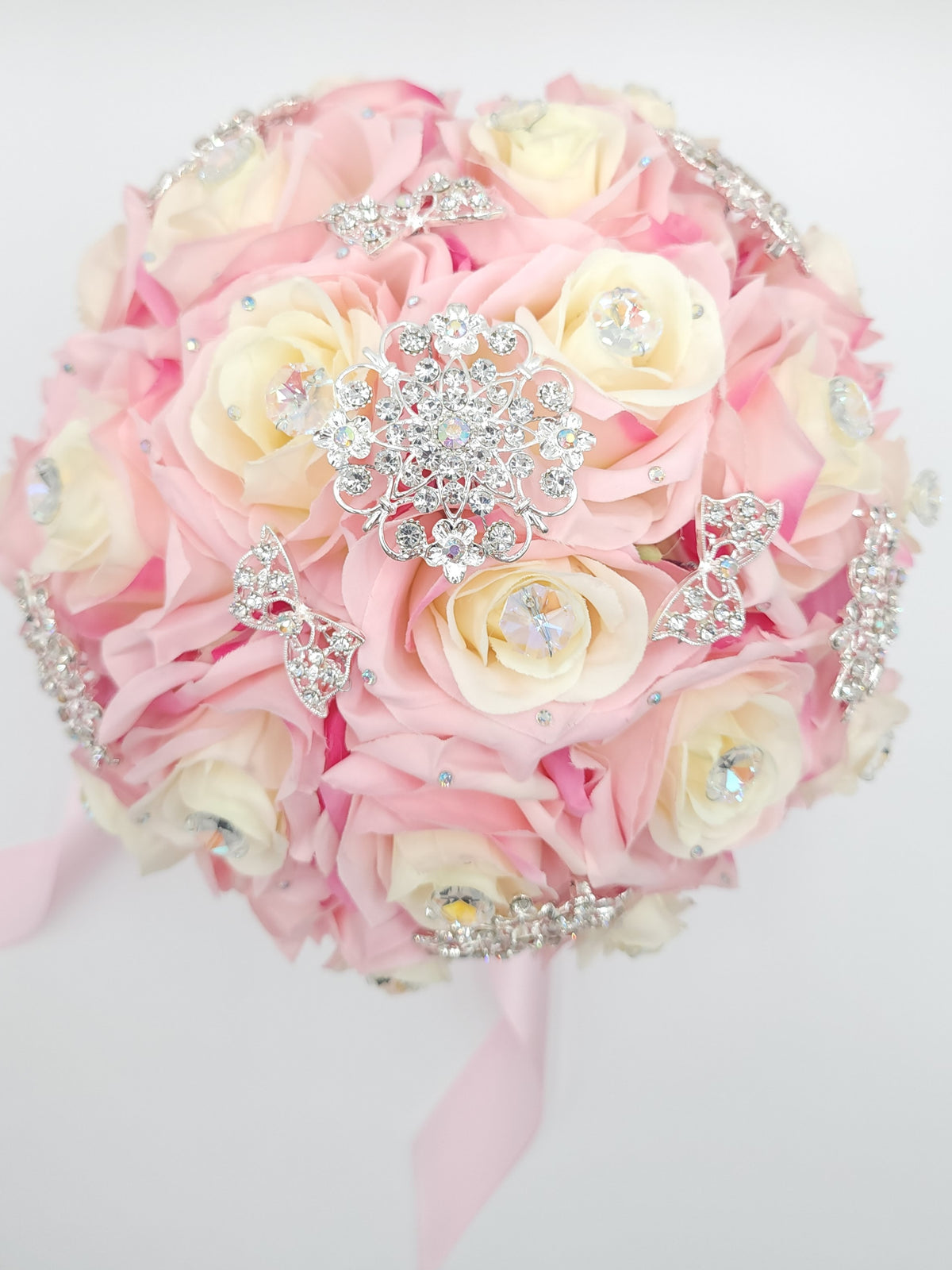 Luxury Pink/Cream Rose Bouquet | Crystal Stone Quinceañera Ramo