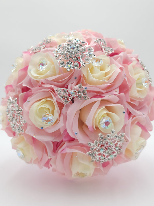 Luxury Pink/Cream Rose Bouquet | Crystal Stone Quinceañera Ramo