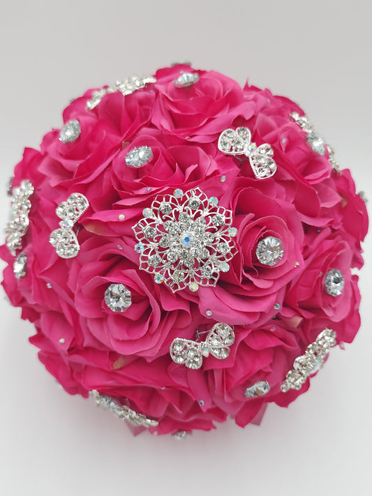 Luxury Fushia/Silver Rose Bouquet | Crystal Stone Quinceañera Ramo