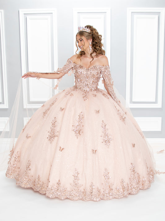 71230XB Quinceañera Dress | Butterfly Corset Ball Gown with Cape