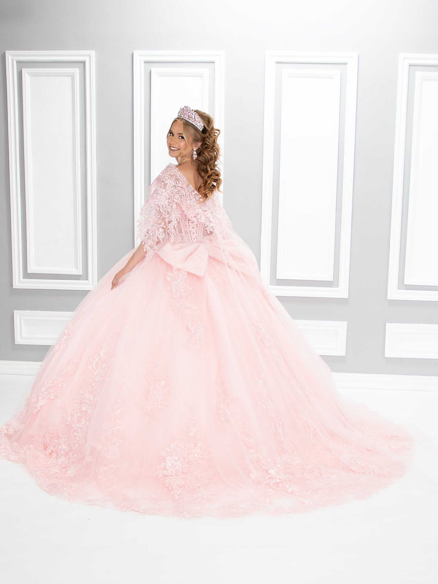 72360 quinceañera dress with detachable bow and cape