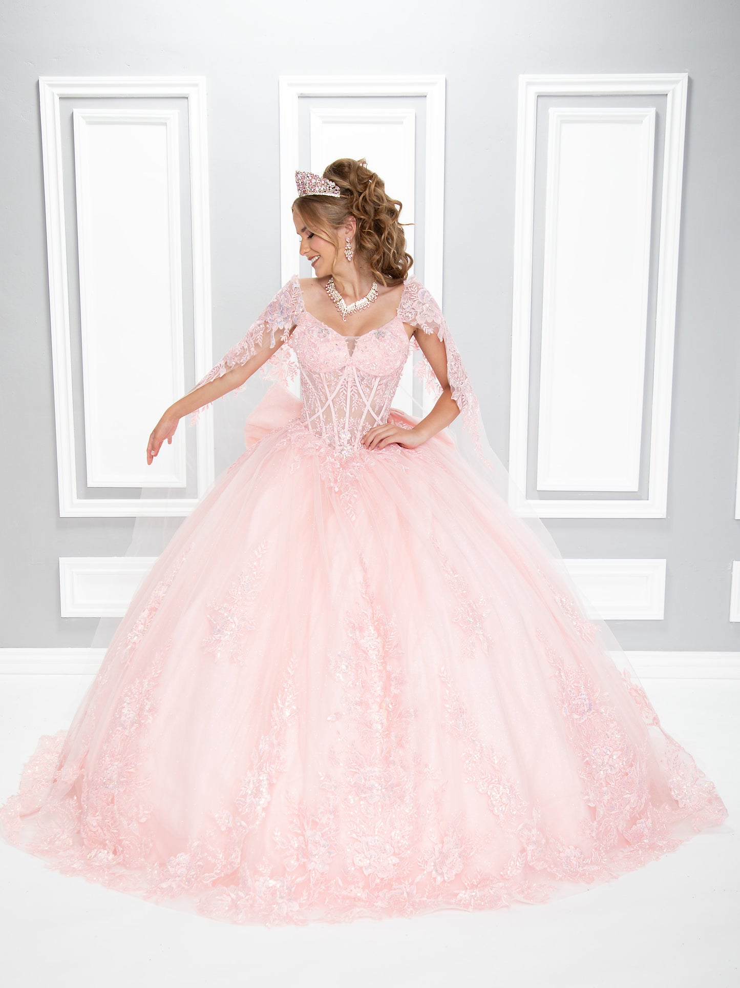 72360 quinceañera dress with detachable bow and cape