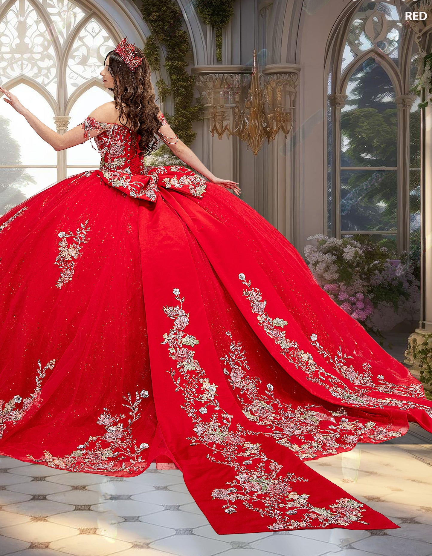 Luxury Red Quinceañera Dress 90009-X – Off-the-Shoulder Beaded Corset Ball Gown with Detachable Bow & Cathedral Train