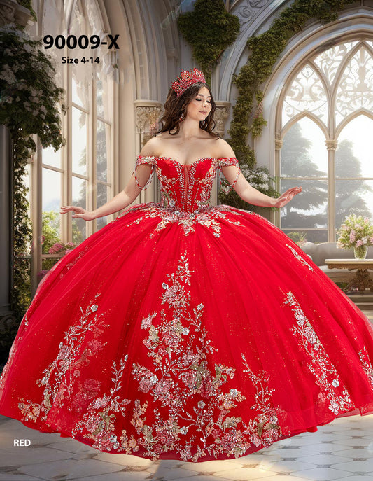 Luxury Red Quinceañera Dress 90009-X – Off-the-Shoulder Beaded Corset Ball Gown with Detachable Bow & Cathedral Train