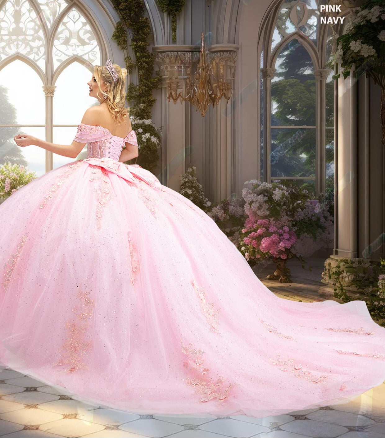 Style 91141-X Pink Quinceañera Dress – Glitter Ball Gown with Off-the-Shoulder Sleeves & Beaded Corset